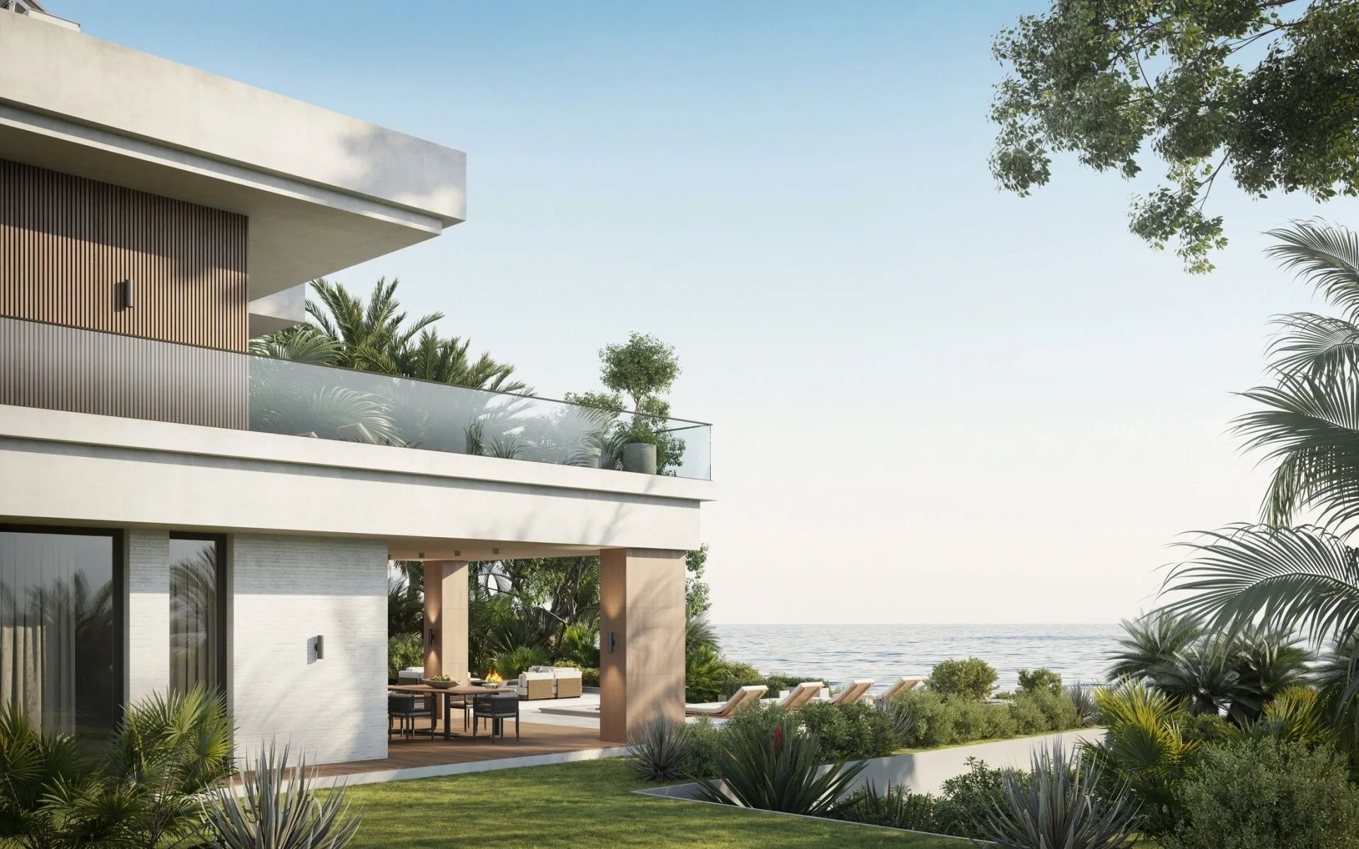 Villa contemporaine avec terrasse et vue sur la mer, photographie de présentation de Prestige-Résidences